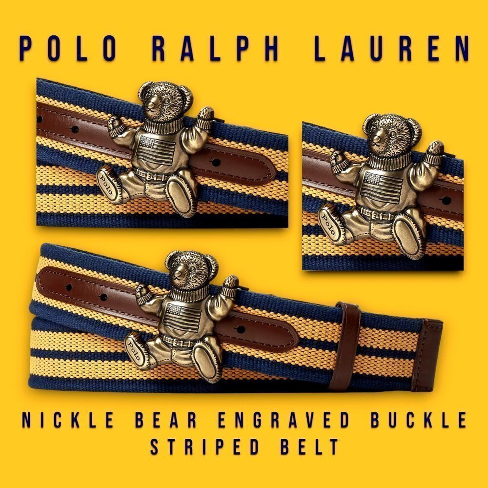 New POLO Ralph Lauren BIG Bear Logo Striped Nickel Buckle Belt Size 38 _1B